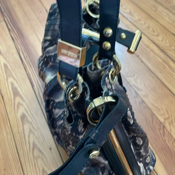 Faux Black, Tan and Gray Python Shoulder Bag With Gold Accents - Picture 5 of 9